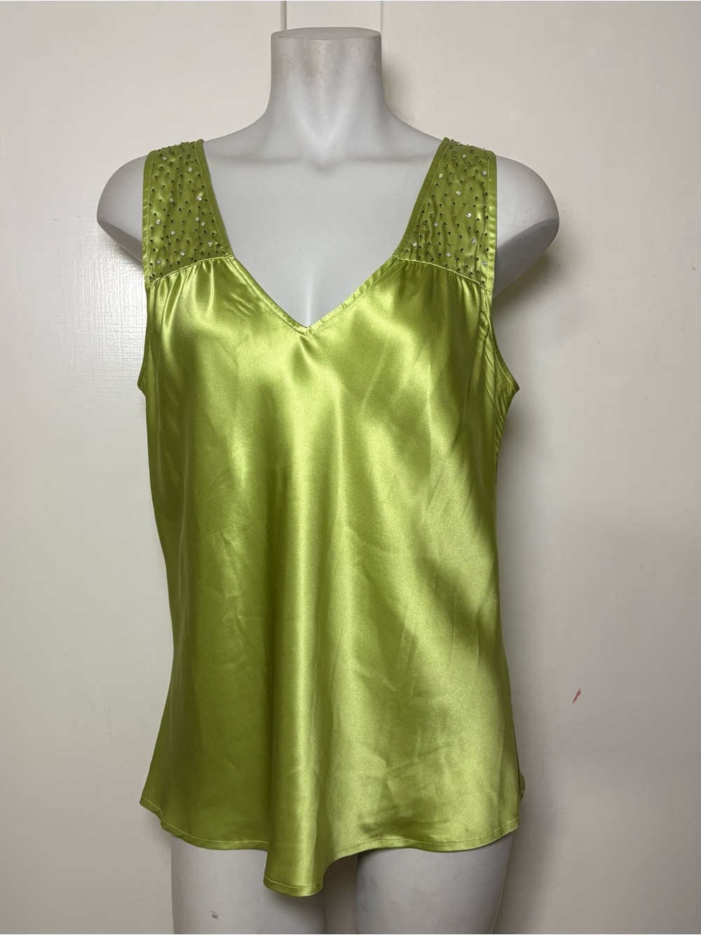 Vintage 90s Silk Green Beaded Sleeveless Blouse Tank Top